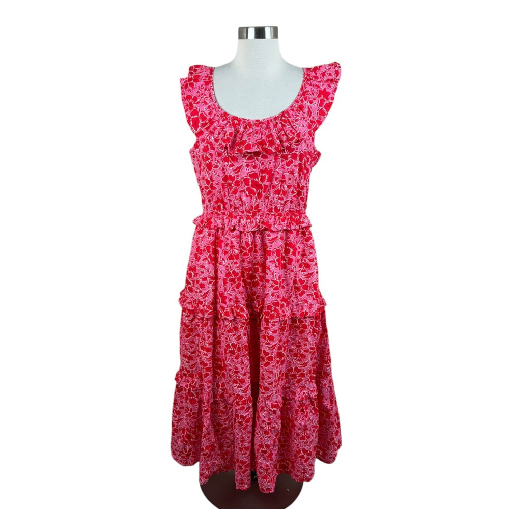 J. Crew Pink Red Floral Tiered Ruffle Midi Dress Size 10 Beachy